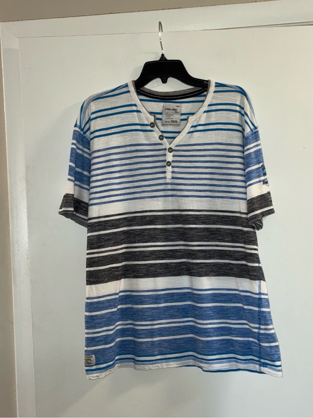 Casual Blue & White Striped Henley Tee - Short Sleeve